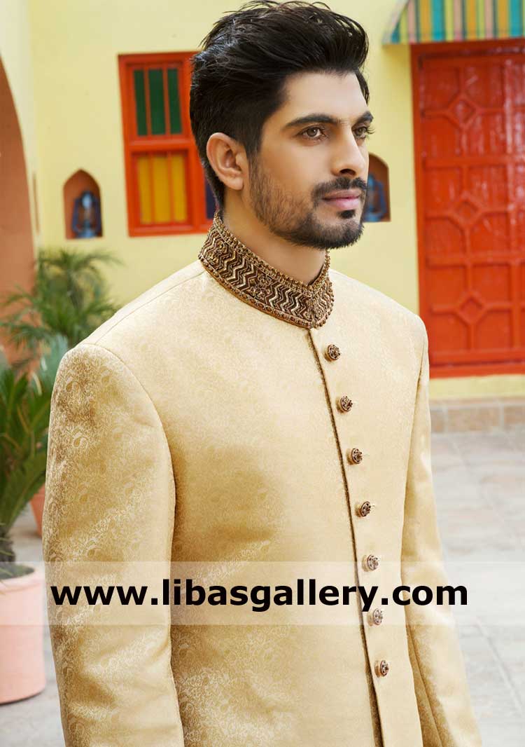 Light Gold Embroidered bespoke groom sherwani design