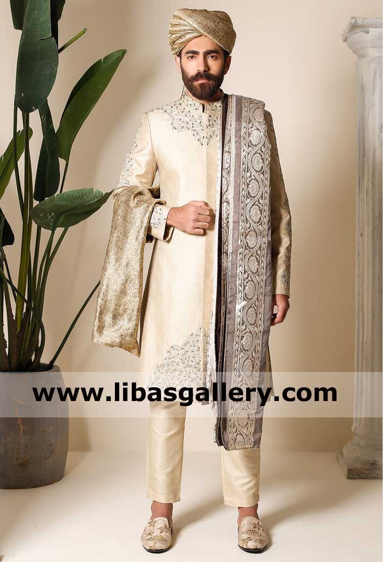 Groom wedding sherwani gold with embellishment