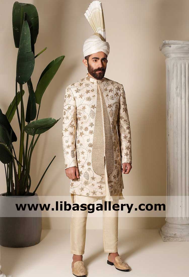 Gold Embroidery Jaal on groom light shade wedding Sherwani