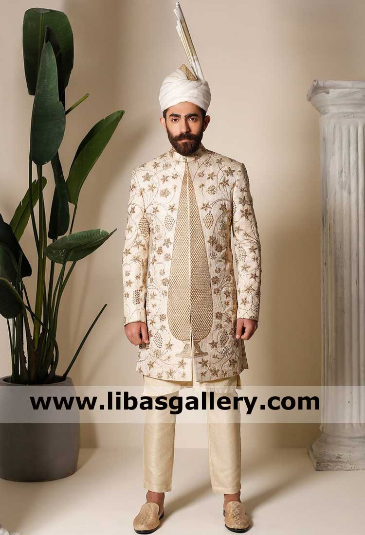 Gold Embroidery Jaal on groom light shade wedding Sherwani