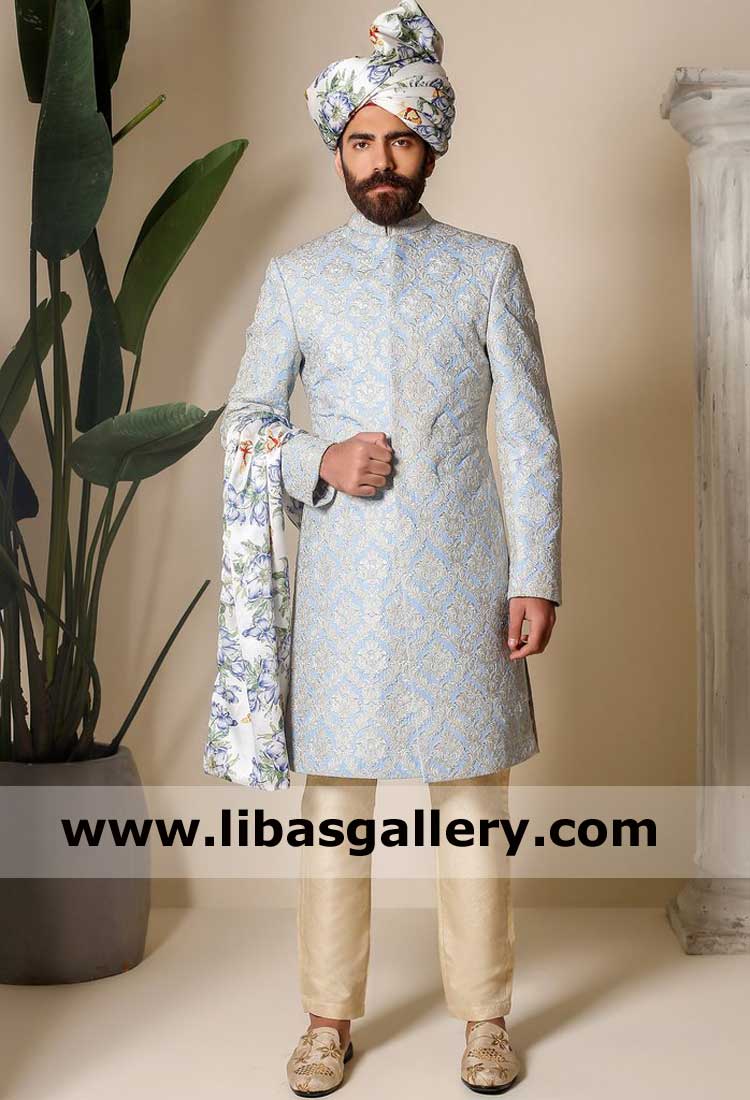 Sky Blue Denam Embossed luxury groom sherwani