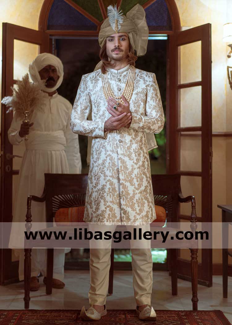 Off white heavy gold embroidered groom wedding sherwani leaves floral pattern embroidery add organza turban with jewelry pc Cardiff Manchester Stoke-on-Trent UK