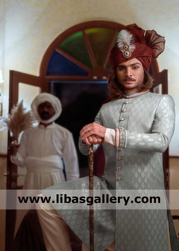 Groom iceberg Jamawar Nikah sherwani article with monotone hand embellishment on collar sleeves kora dabka metallic buttons Saudi Arabia Qatar Kuwait Dubai