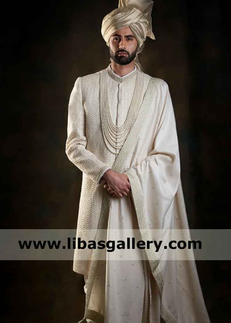 Off White heavy Embroidered Men Wedding Sherwani