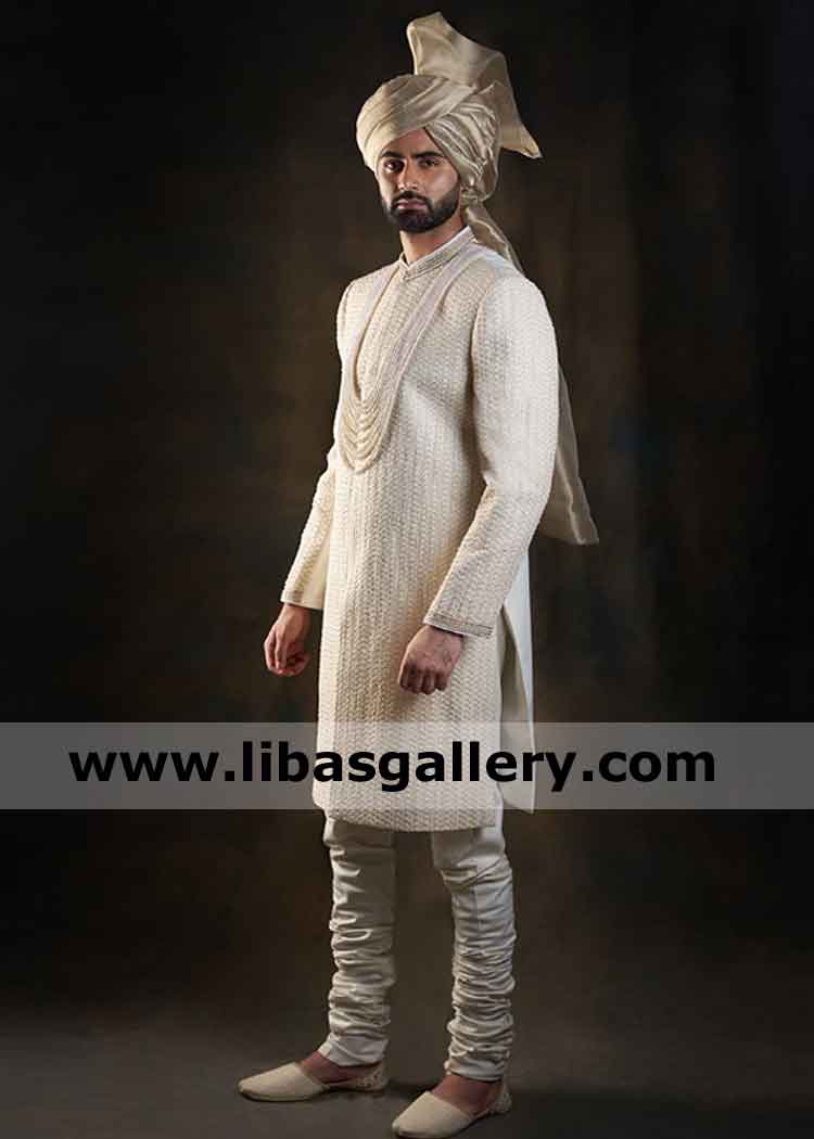 Off White heavy Embroidered Men Wedding Sherwani