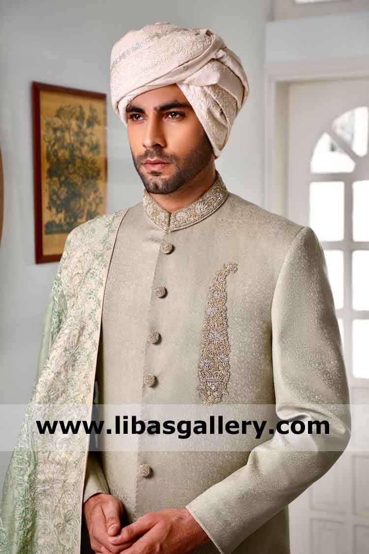 Men Beautiful Jamawar Wedding Sherwani Design kora thread hand embellished Collar and Motif on left panel Chicago Sugarland Texas USA Men Beautiful Jamawar Wedding Sherwani Design kora thread hand embellished Collar and Motif on left panel Chicago Sugarland Texas USA