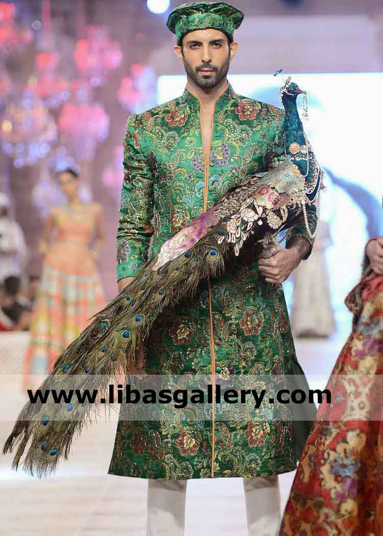 Green Jamawar Embroidered Groom Wedding Sherwani