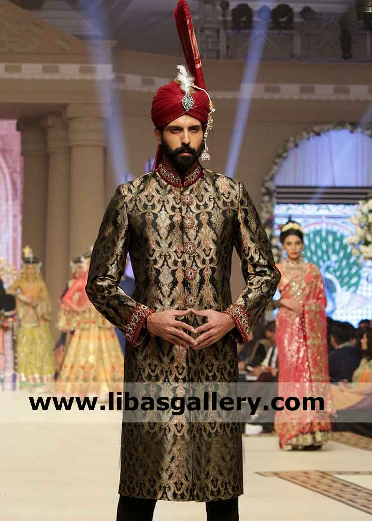 Black Embroidered Jamawar Men Sherwani Suit