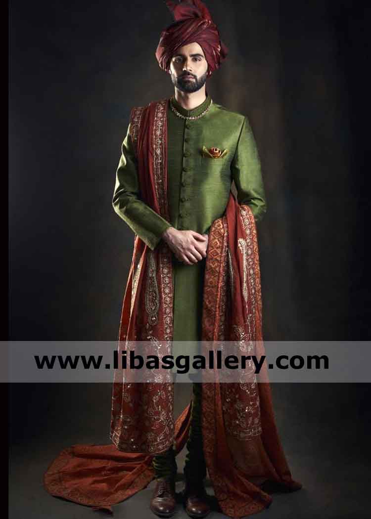 Latest Green Raw Silk Sherwani Article for Men Nikah Barat day compliment with matching color inner kurta and Churidar pajama Vancouver Montreal Toronto Canada Latest Green Raw Silk Sherwani Article for Men Nikah Barat day compliment with matching color inner kurta and Churidar pajama Vancouver Montreal Toronto Canada