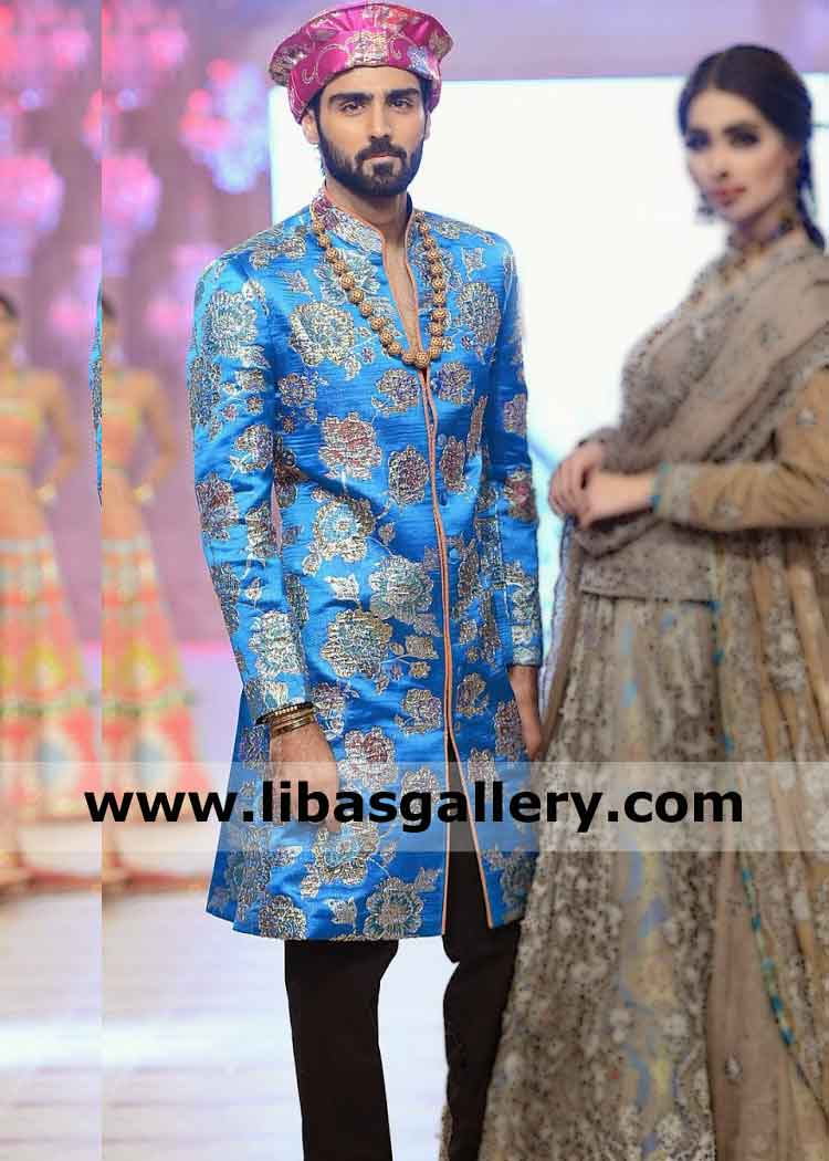 Men Beautiful Blue Sherwani Article with black pants