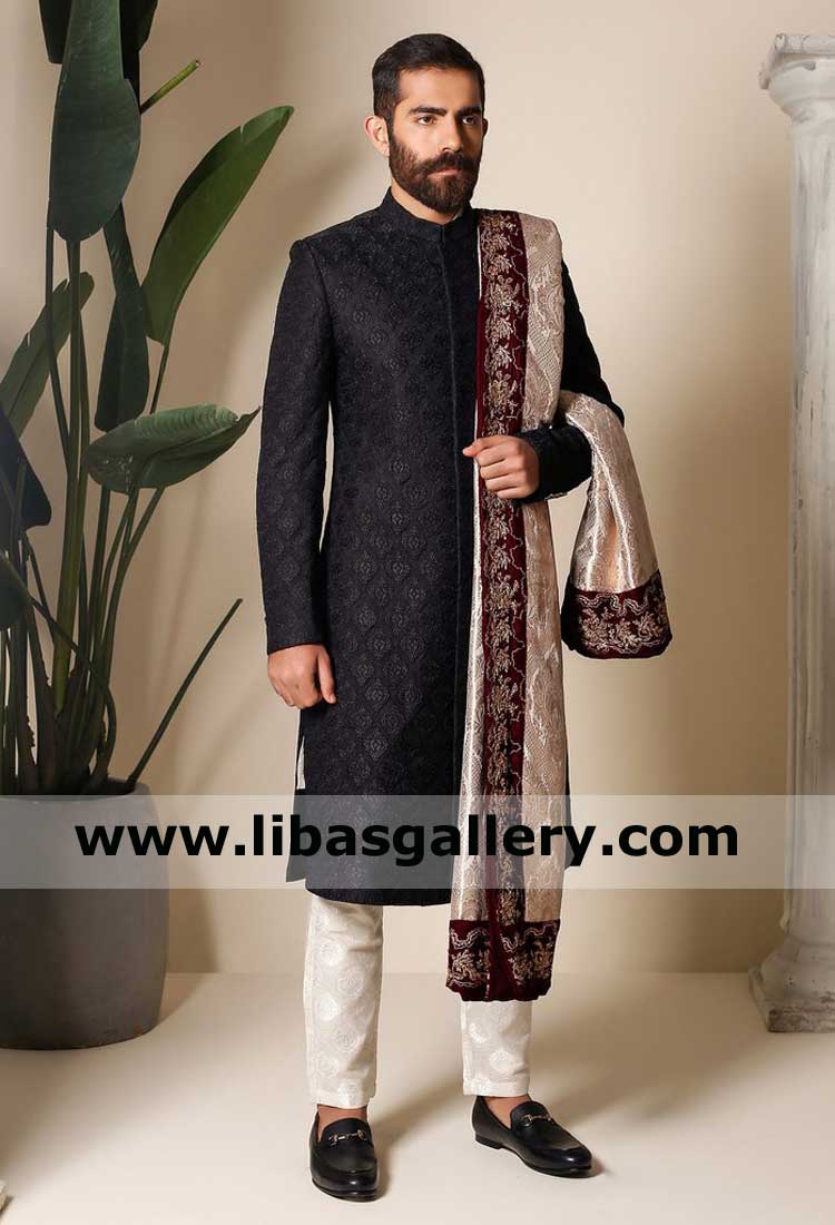 Black heavy embroidered beautiful mens wedding sherwani style