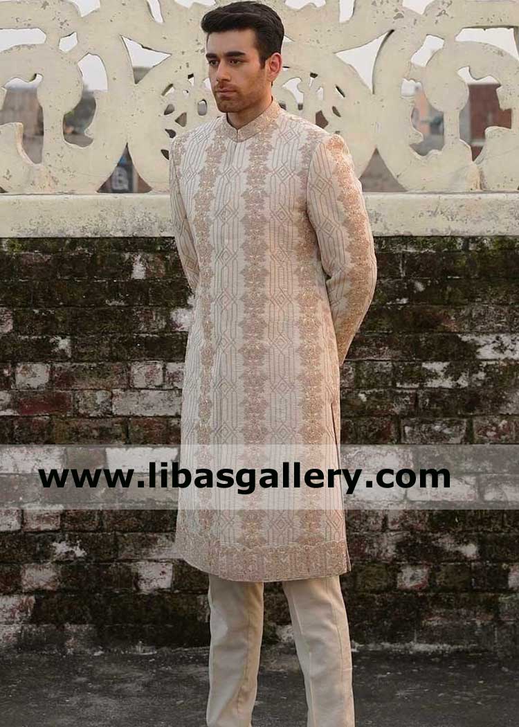 Heavy EMBROIDERED BEIGE SHERWANI with GEOMETRICAL STRIP Pattern