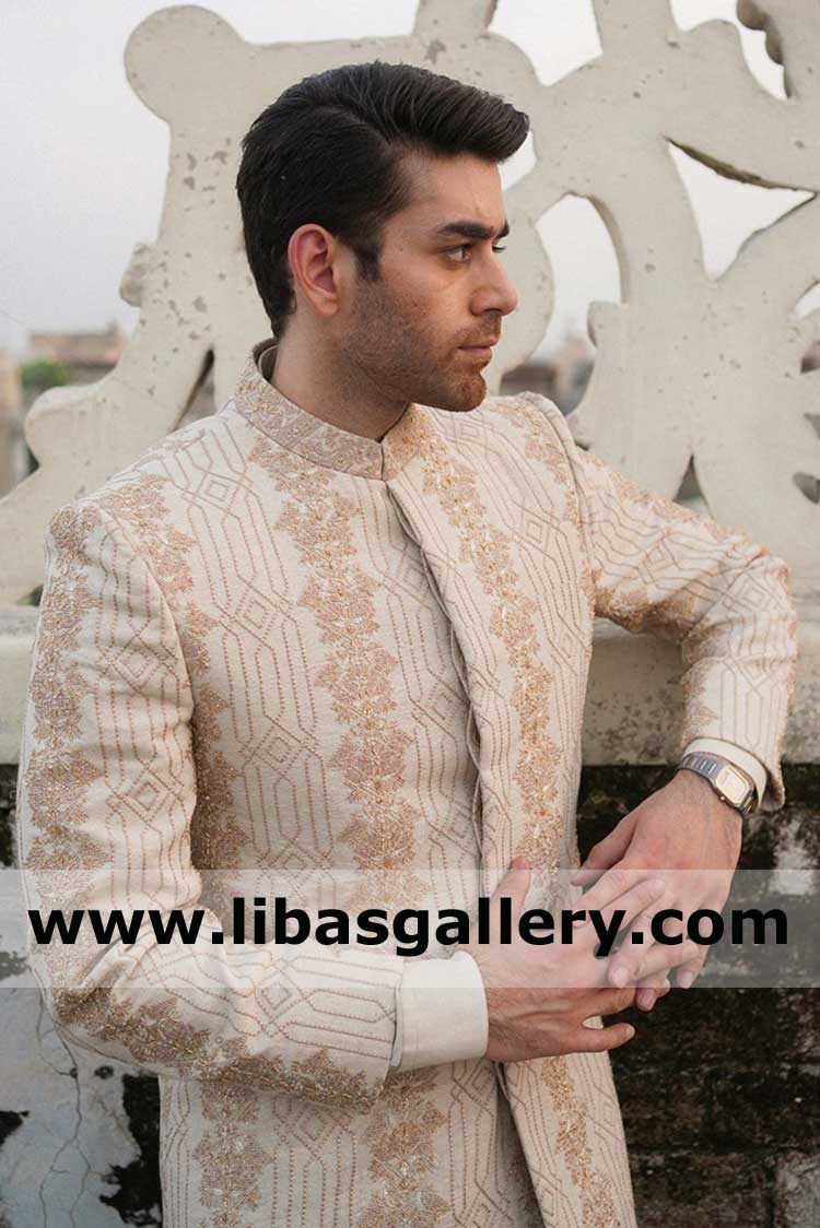 Heavy EMBROIDERED BEIGE SHERWANI with GEOMETRICAL STRIP Pattern