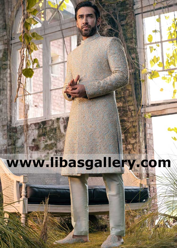 Sage Green Mens Wedding Sherwani Ensemble
