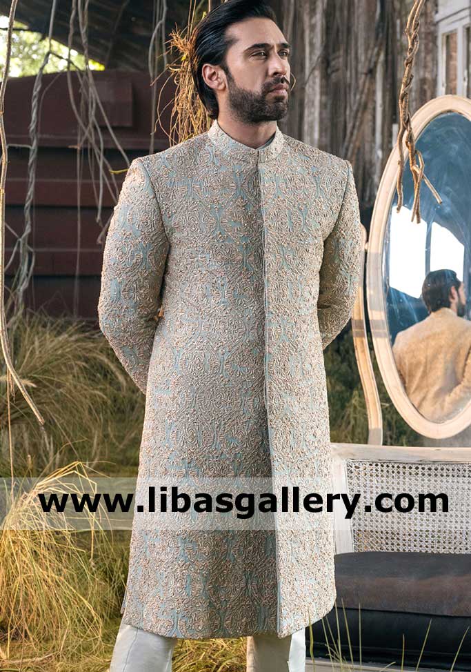 Sage Green Mens Wedding Sherwani Ensemble