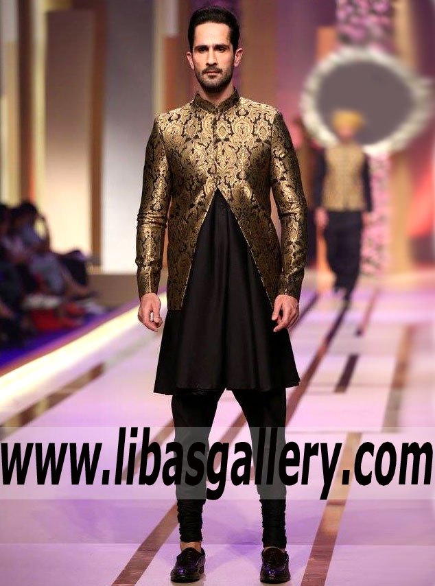 Black Jamawar Sherwani with inner for Groom Enjoy Wedding 2019