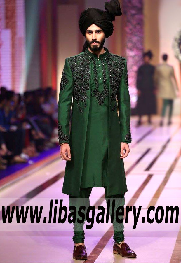 Green stylish Groom Wedding sherwani black turban matching khussa San Francisco USA 2019 Green stylish Groom Wedding sherwani black turban matching khussa San Francisco USA 2019