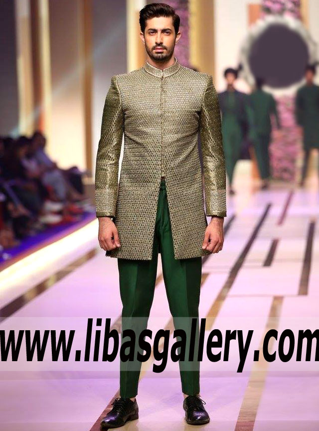 Jamawar Wedding Sherwani Embroidered Groom Green pants 