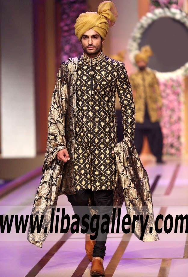 Embroidered Black Sherwani with Churidar Turban for Groom