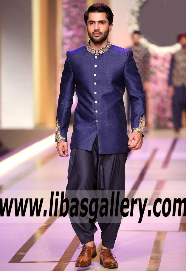 Blue Wedding Sherwani indo Western Style with Silk shalwar