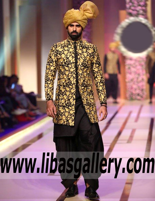 Black Sherwani for Groom Golden Turban 2019