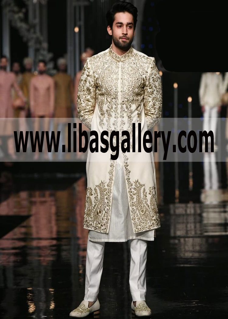 Off White Sleek long Embroidered Groom Sherwani