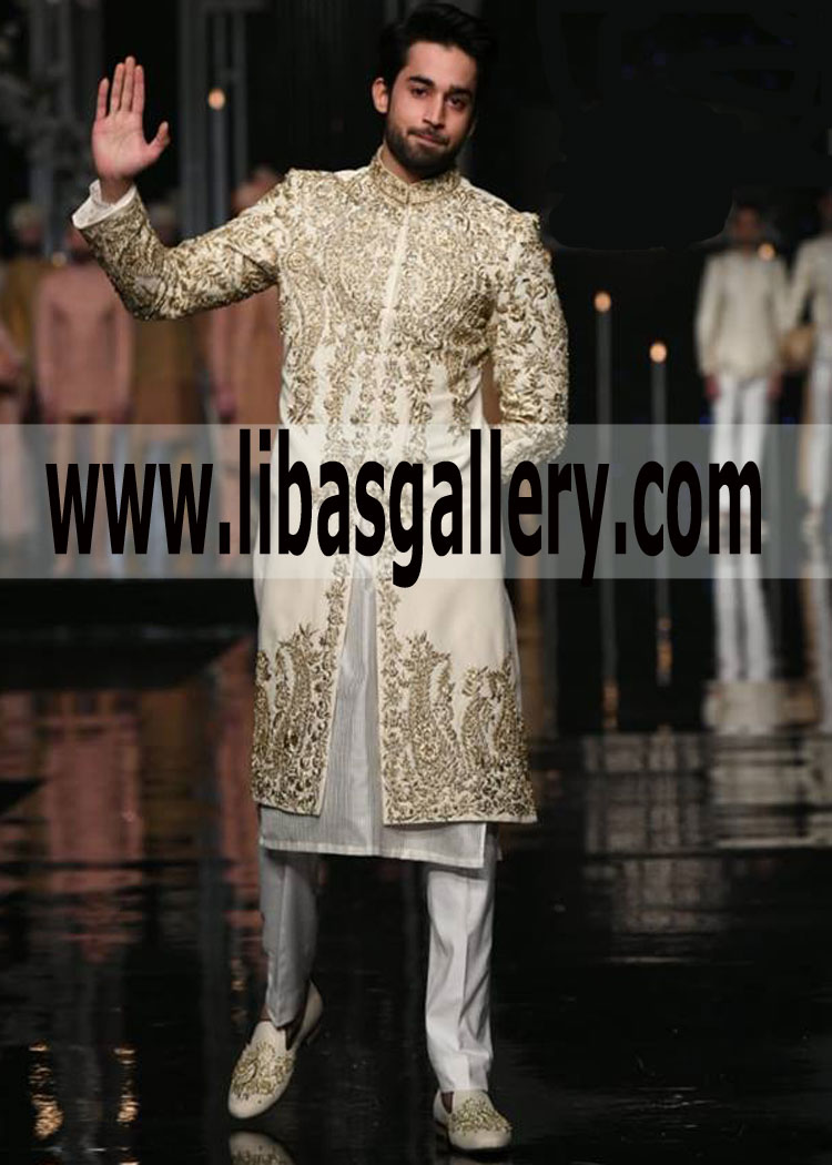 Off White Sleek long Embroidered Groom Sherwani