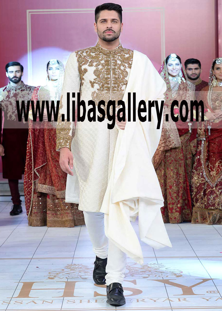 Thread Work White Wedding Sherwani 
