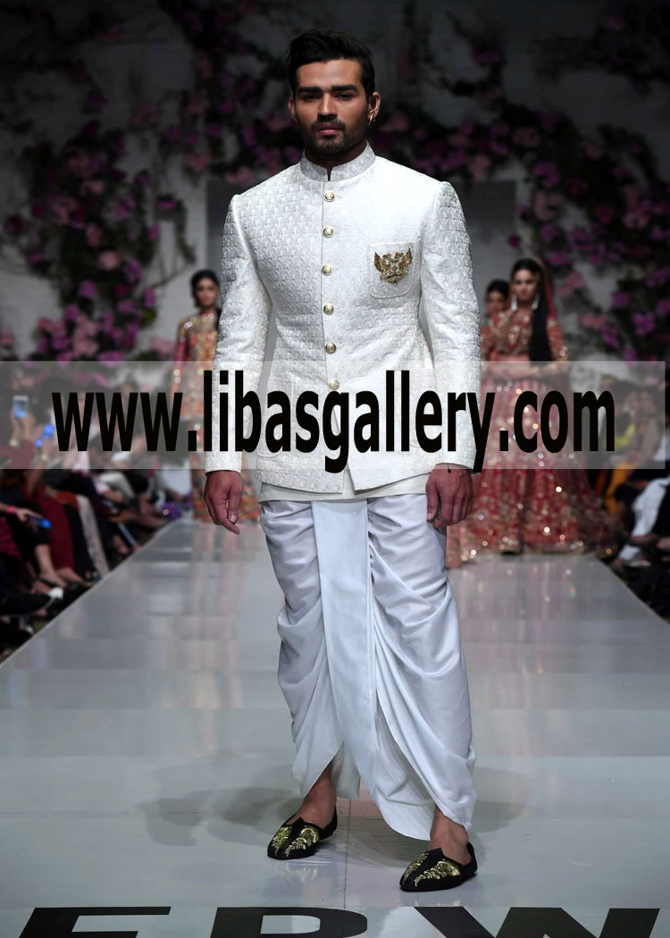 Embroidered White Prince Coat with Dhoti 