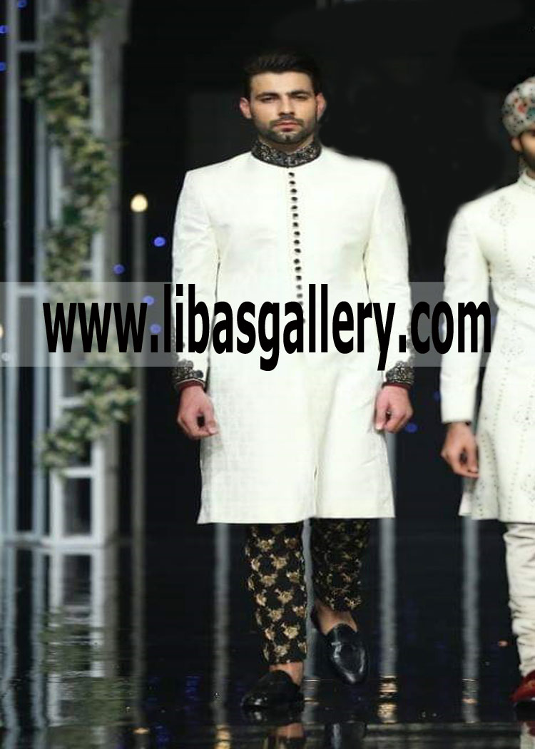White wedding sherwani long length black zardozi embellishment collar sleeves Asian Groom 2019 Sugarland USA White wedding sherwani long length black zardozi embellishment collar sleeves Asian Groom 2019 Sugarland USA