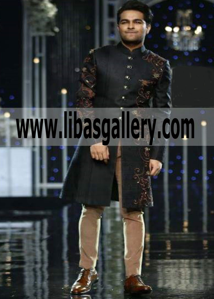 Black Wedding Sherwani beautiful Embellishment