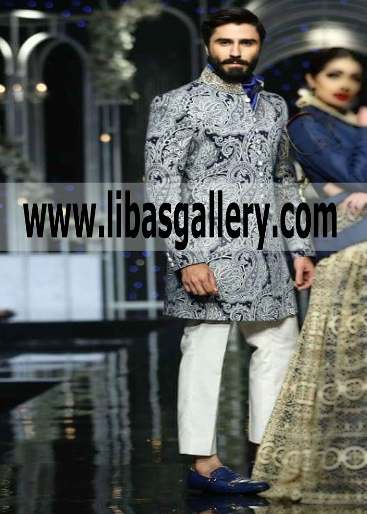 Blue Wedding Sherwani heavy embellished thread work for groom 2019 glasgow scotland Ireland Men’s wear Blue Wedding Sherwani heavy embellished thread work for groom 2019 glasgow scotland Ireland Men’s wear