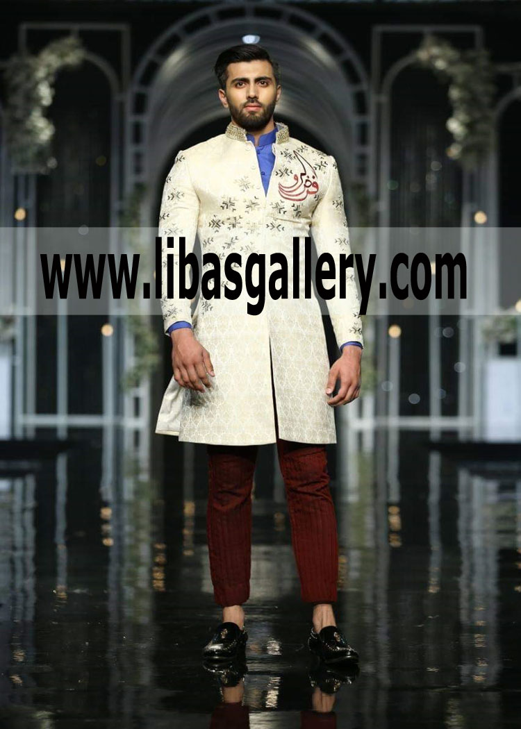 Off white Jamawar Groom Wedding Sherwani 