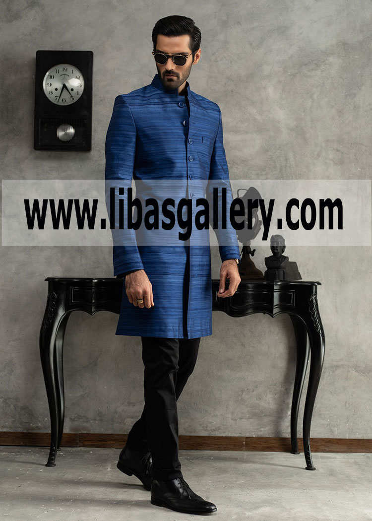Blue Textured Raw Silk Wedding Sherwani Groom