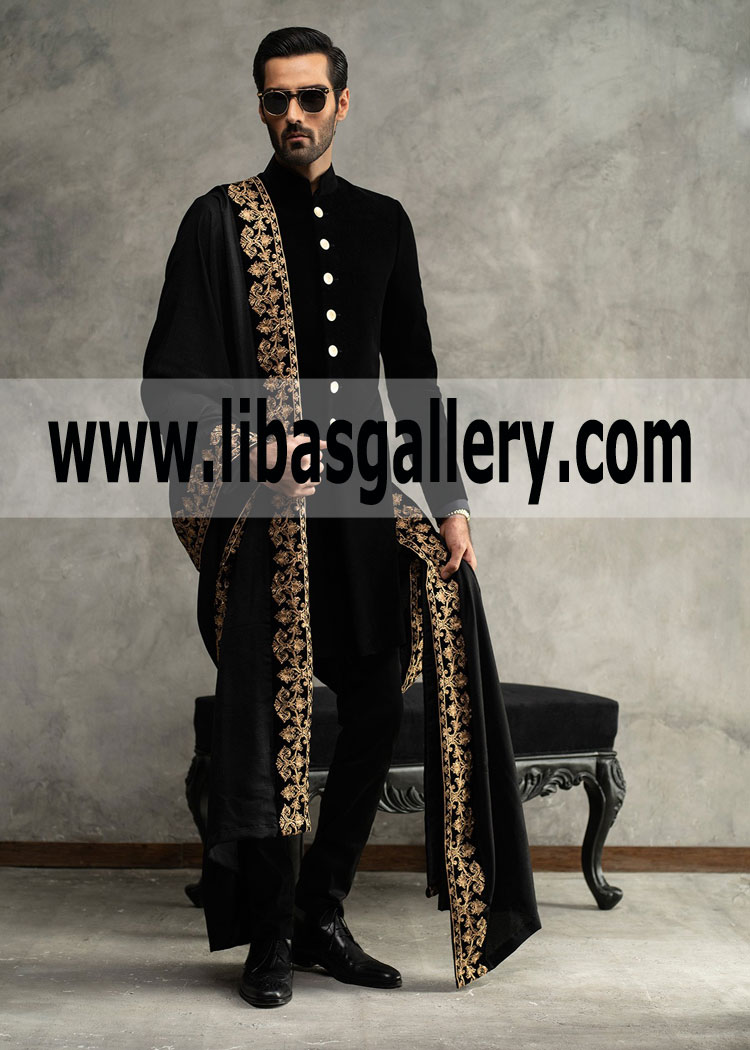 Matt Black Velvet Groom Wedding Sherwani