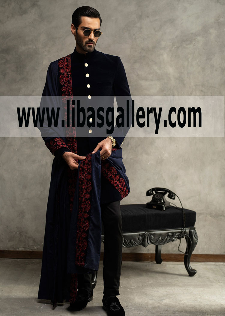 Matt Blue Pakistani Wedding Sherwani Latest 