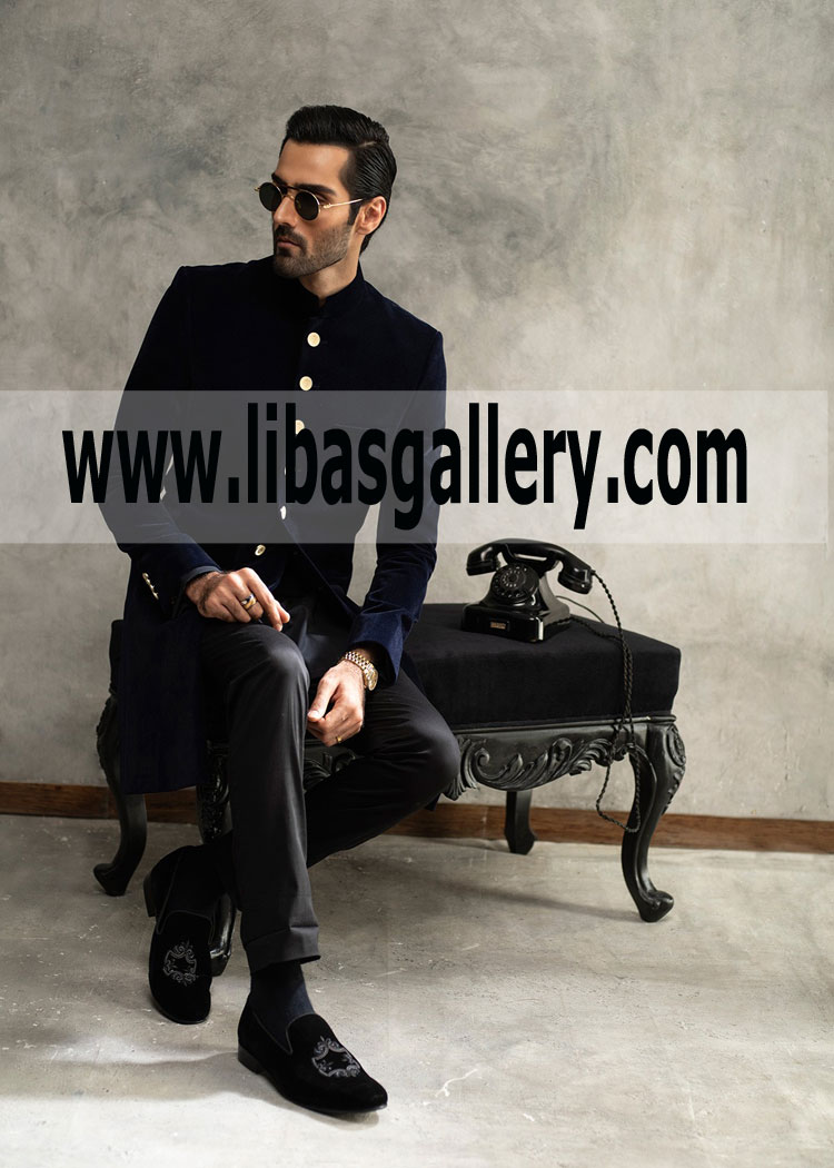 Matt Blue Wedding Sherwani Latest Design