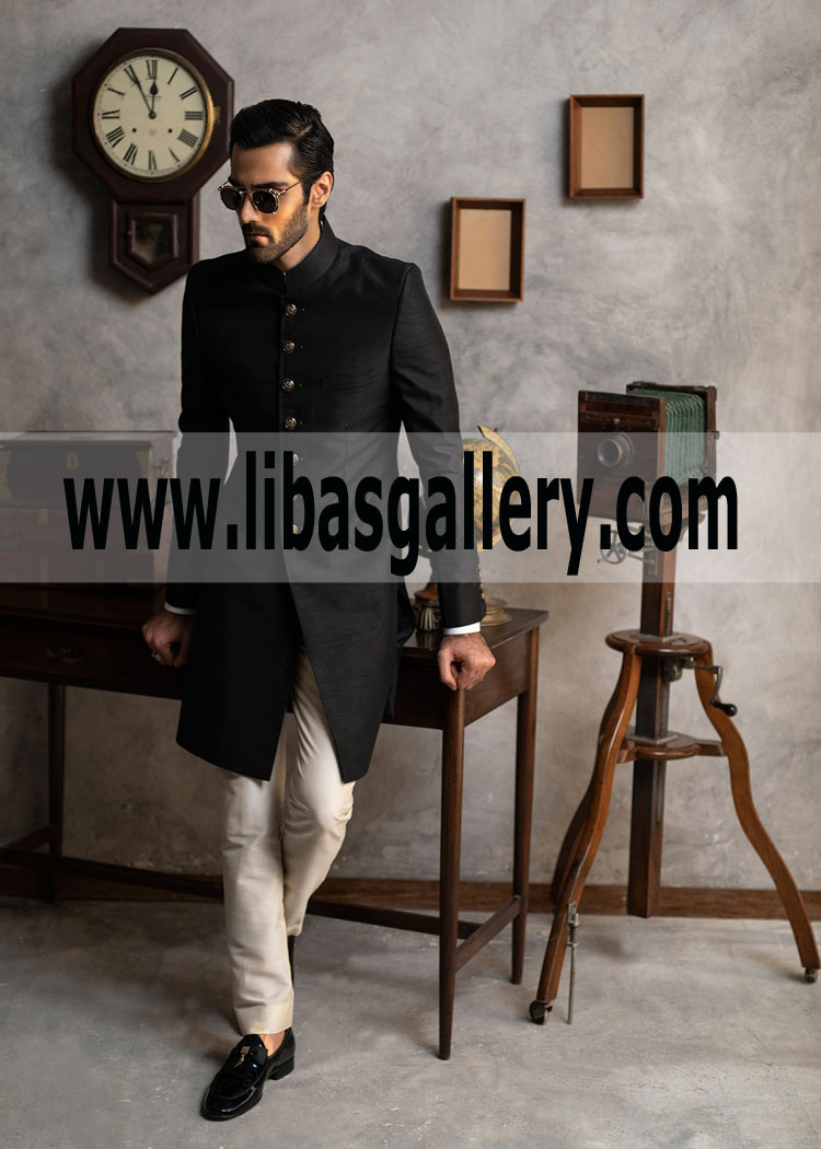 Black Raw Silk Short length Groom Wedding Sherwani