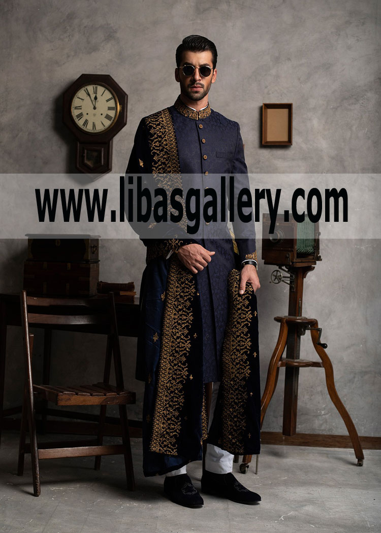 Navy Blue Groom Jamawar Wedding Sherwani Design