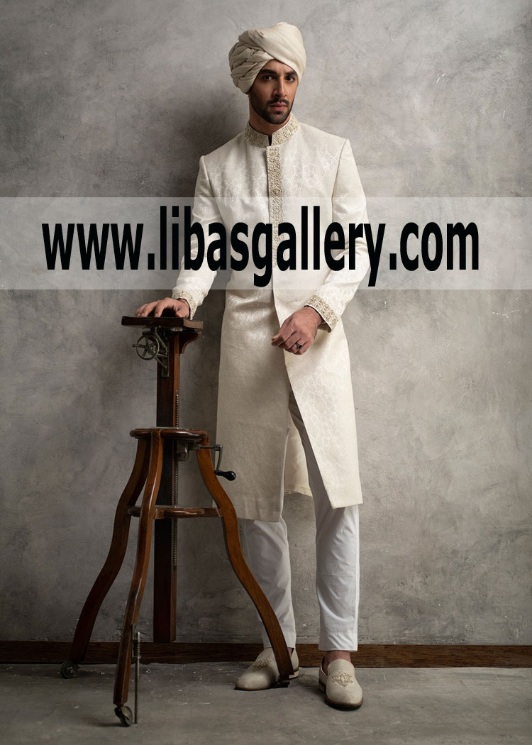 Off White Karandi Jamawar Wedding Sherwani Deal