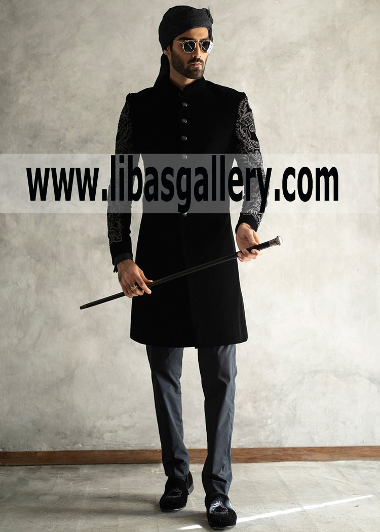 Rainy Season Black Velvet Groom Dulha Sherwani