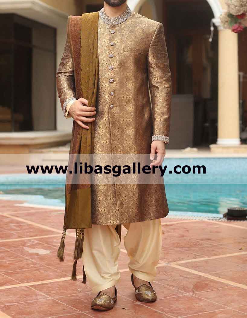 Banarsi Jamawar Wedding Sherwani for Desi Groom