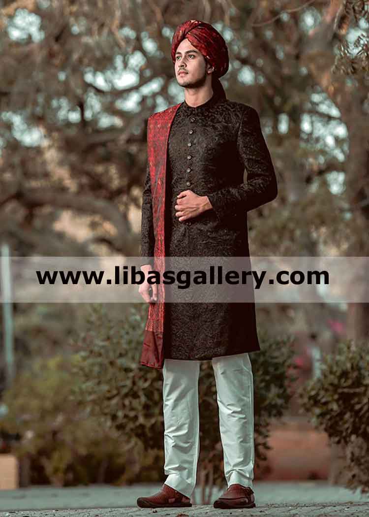 Black Embroidered Groom Wedding Sherwani 