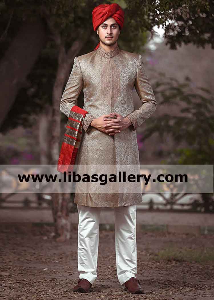 Beige Embroidered Embellished Wedding Sherwani