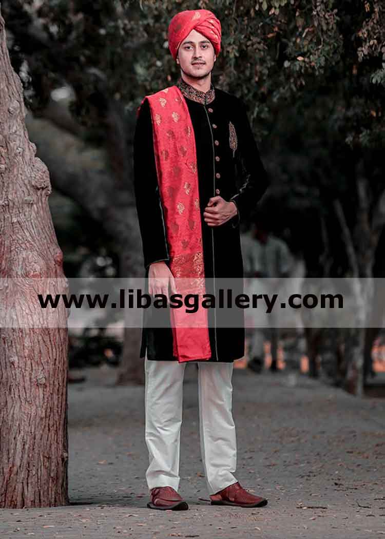 Velvet Sherwani with Collar Zardozi work for Groom