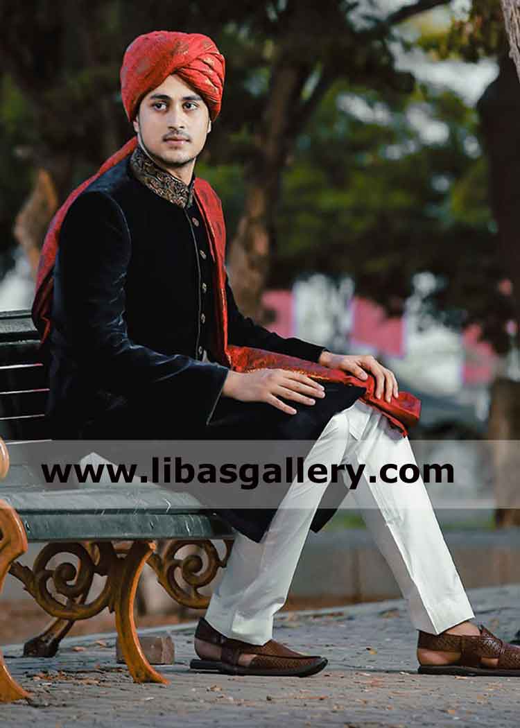 Velvet Sherwani with Collar Zardozi work for Groom