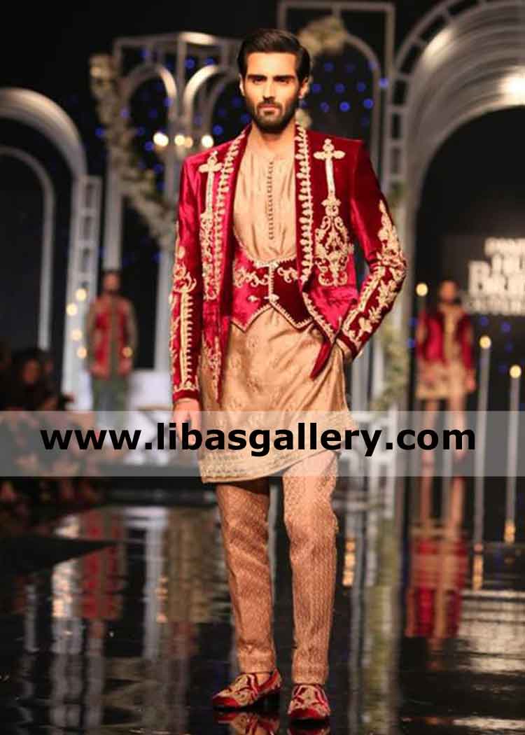 Maroon Velvet Hand Embellished Jacket for Groom lavish Ethnic Ensemble New york Texas USA Maroon Velvet Hand Embellished Jacket for Groom lavish Ethnic Ensemble New york Texas USA