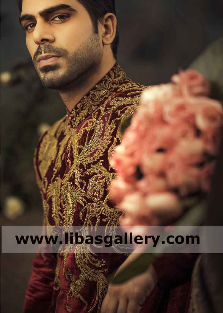 Wedding Sherwani for Groom in Velvet Gold work