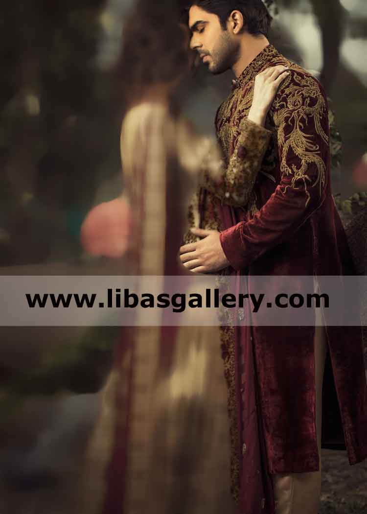 Wedding Sherwani for Groom in Velvet Gold work