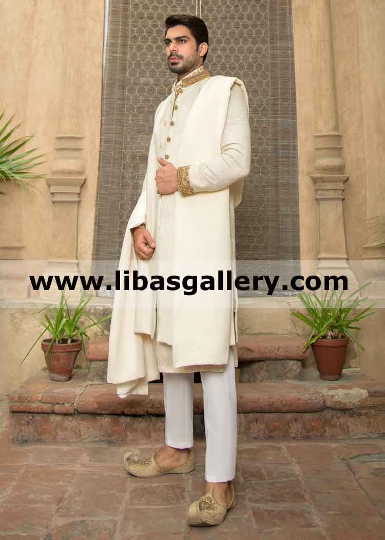 Jamawar Banarsi off white Wedding Sherwani Gold work